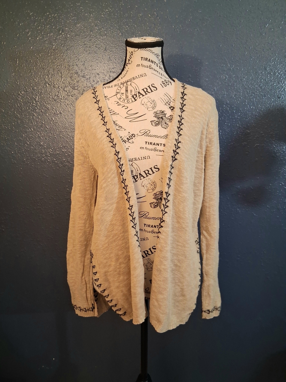 J Jill Womens Tan Open Front Cardigan W Black Embroidery Small